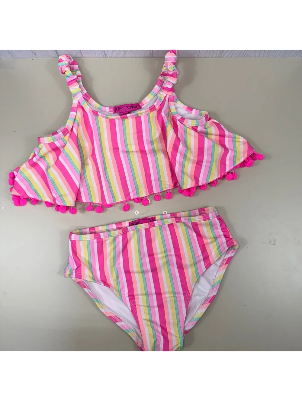 Betsey Johnson Girls Size 12 Two Piece Swimsuit Pink Rainbow Stripe Pom Pom